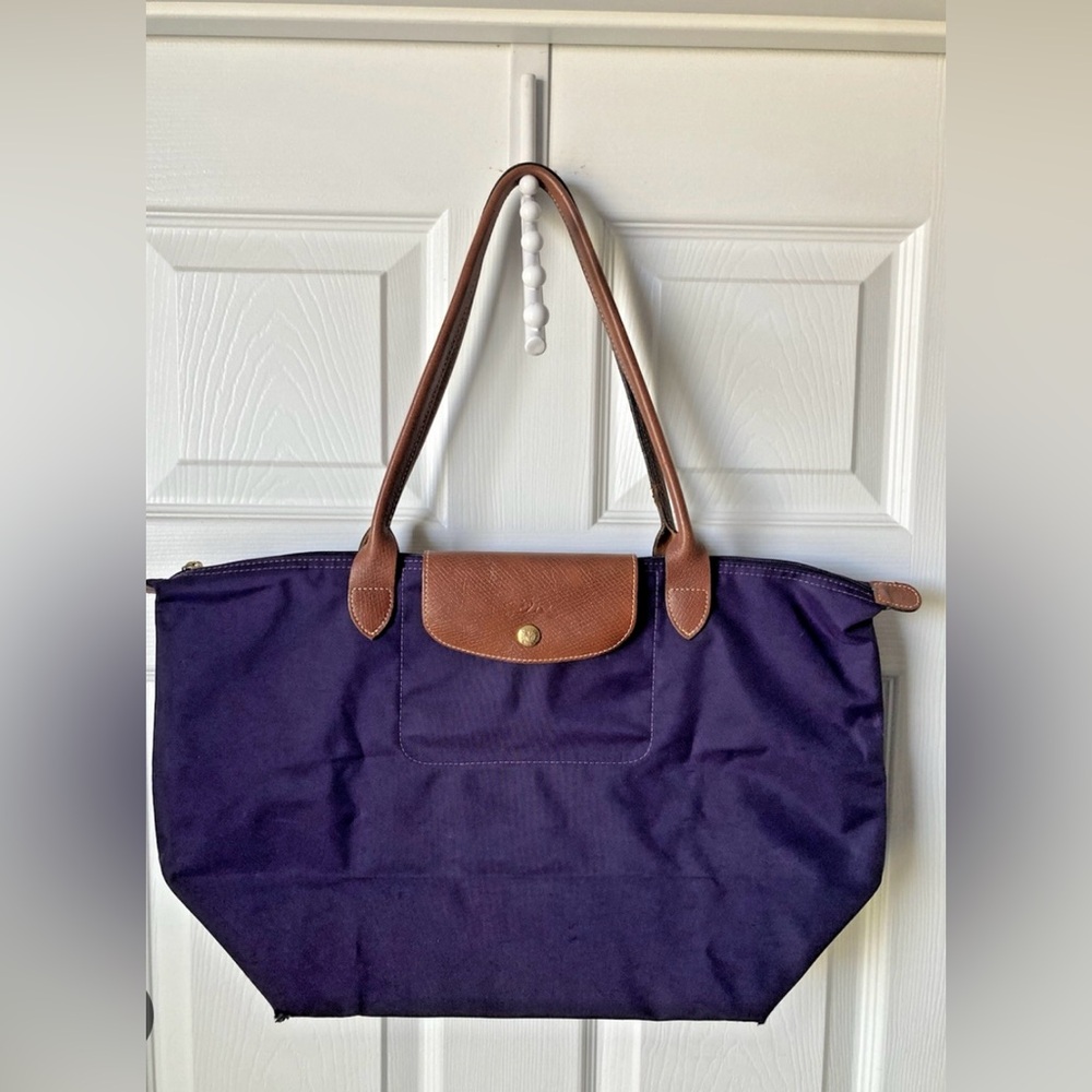 Longchamp Purple Tote with Brown Handles
